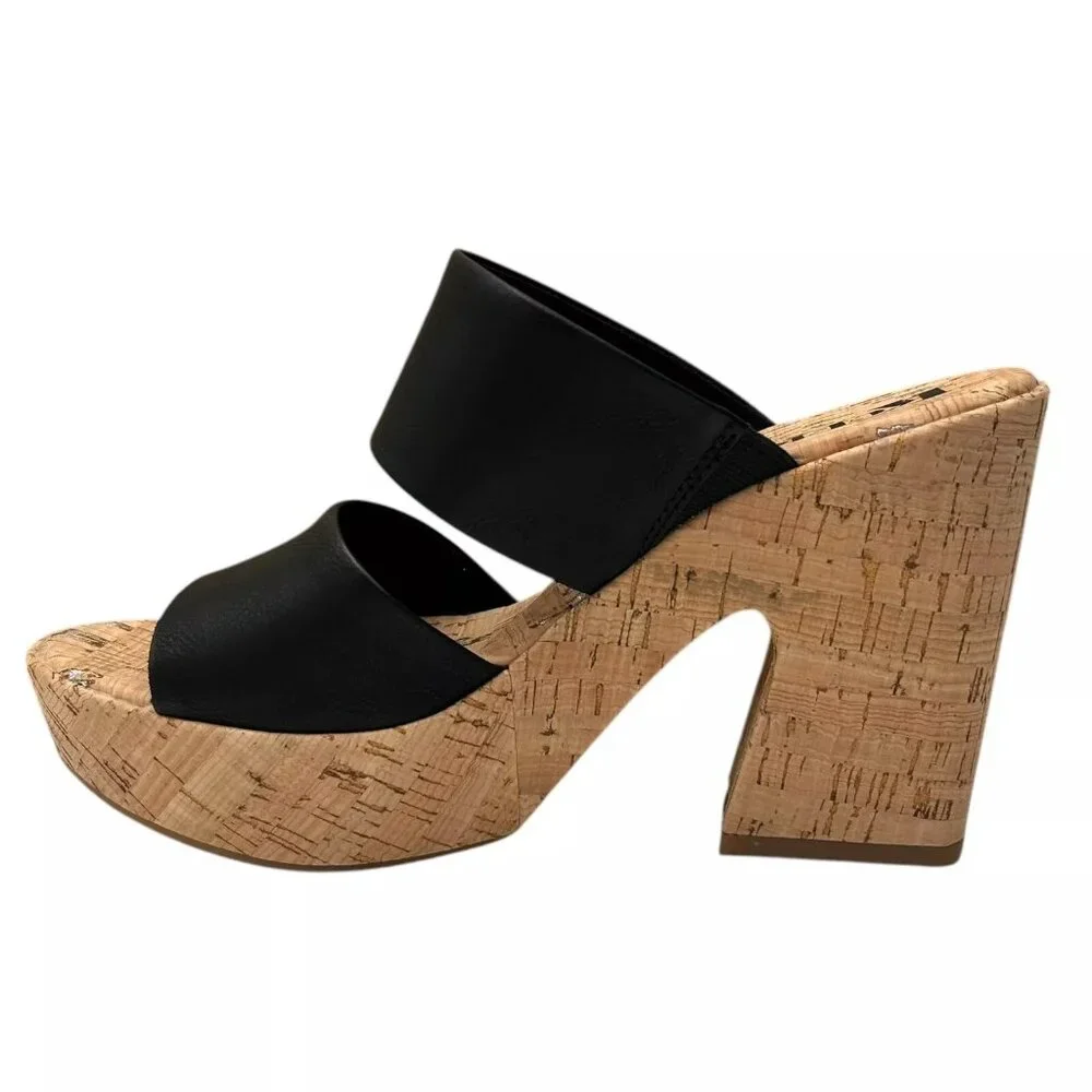 Korks Dezi Womens Cork Platform Sandal Size 9 Black/Tan Strappy Style Block Heel